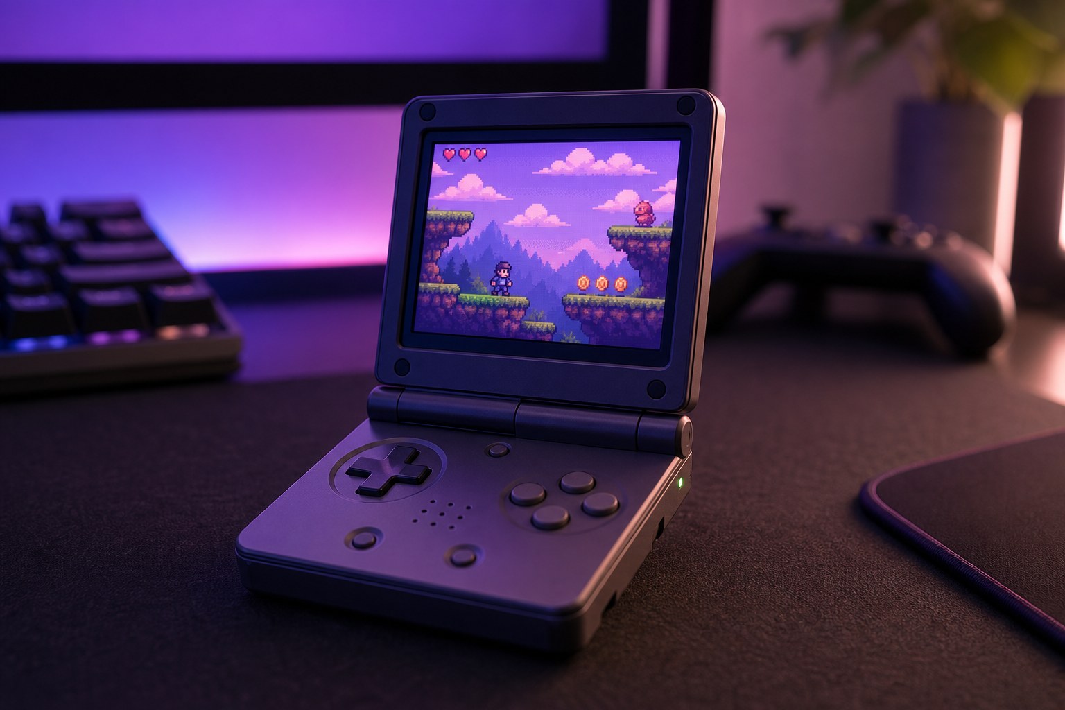 Anbernic RG SP clamshell retro handheld shown open on a gaming desk