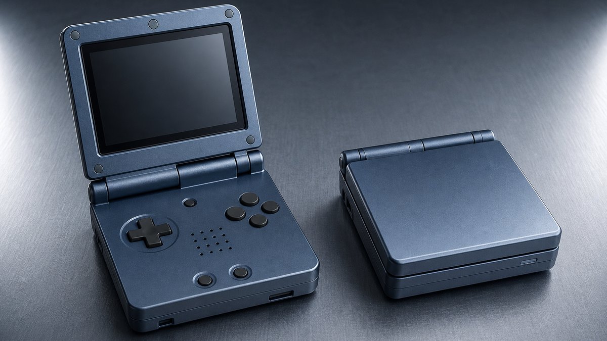 Anbernic RG35XX SP clamshell handheld shown open and closed on a brushed metal surface