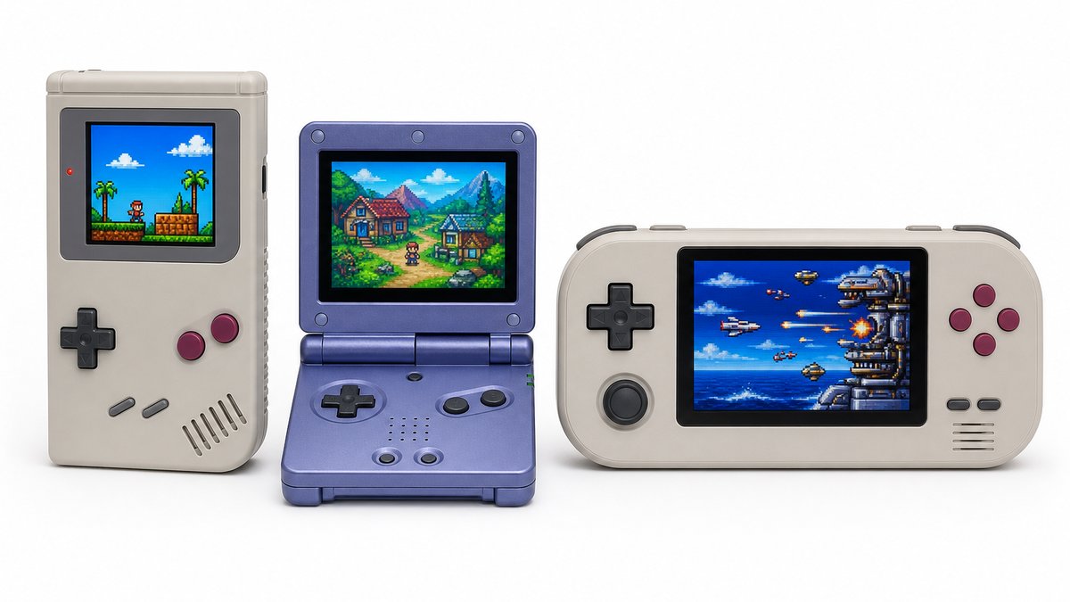 Anbernic vs Retroid vs Miyoo retro handhelds lined up in a row for comparison