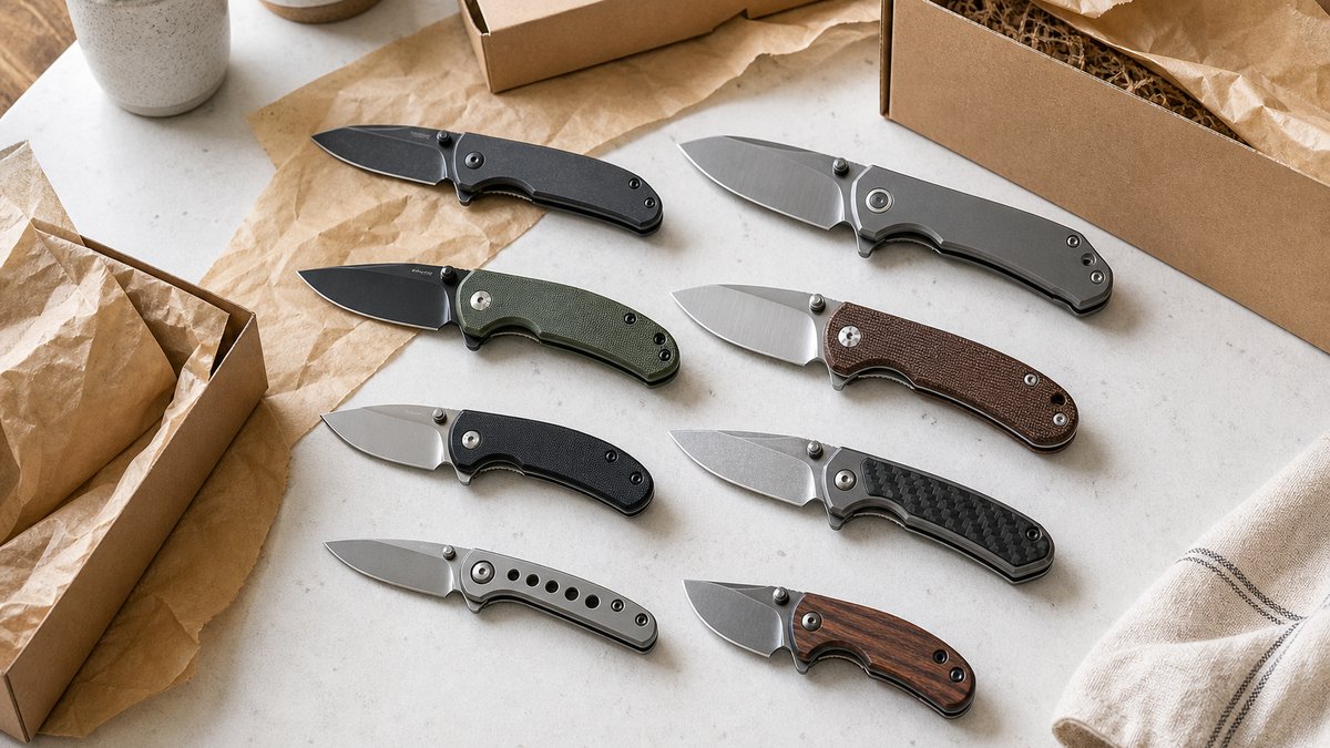 Best budget EDC knives arranged in an unboxing spread on a kitchen table