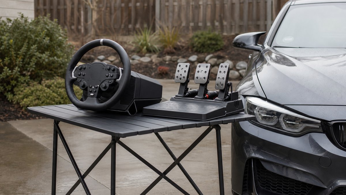 Best budget sim racing wheel for beginners staged beside a car in a driveway