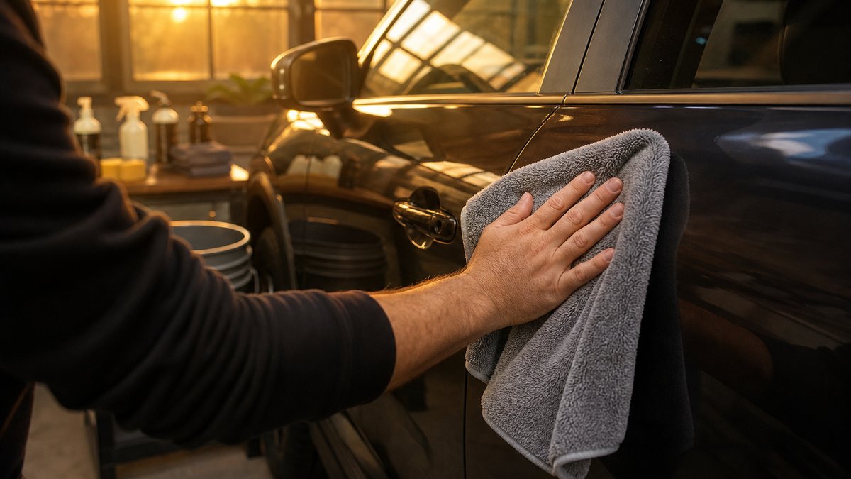Beginner car detailing kit in use on a car panel in golden evening light