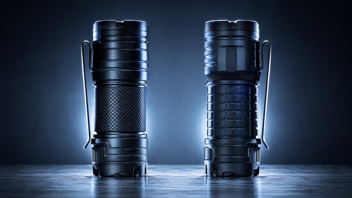 Two of the best EDC flashlights under $50 facing off on a brushed metal surface