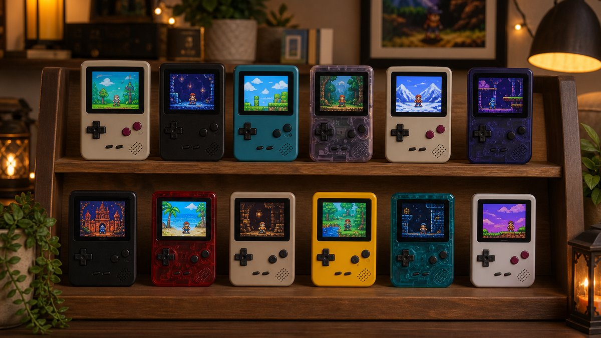 Collection of the best handhelds for Game Boy and GBA emulation displayed on a warm-lit shelf