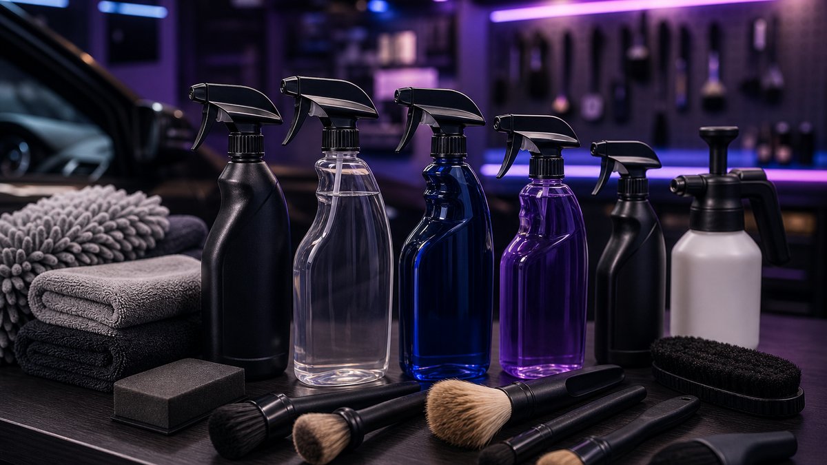 Interior car detailing products arranged on a garage desk with sprays, brushes, and microfiber towels