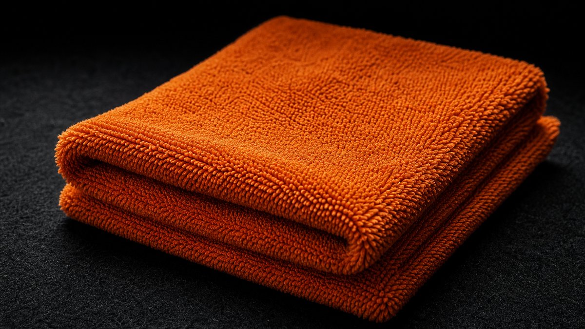 Plush microfiber towel for car detailing under a dramatic spotlight on black felt