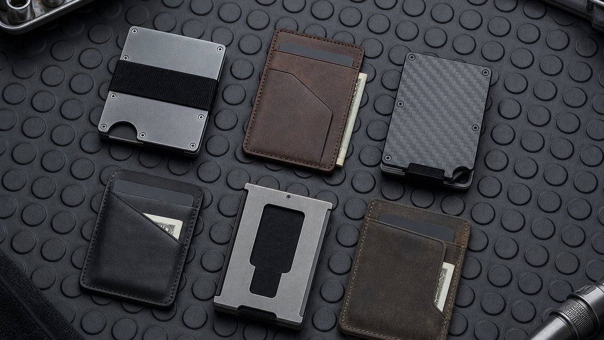 Best minimalist wallets for men spread on a garage mat under cool workshop light