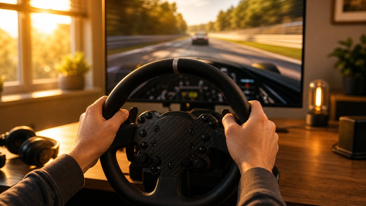 Beginner sim racing wheel setup in a home office at golden hour, hands on the wheel