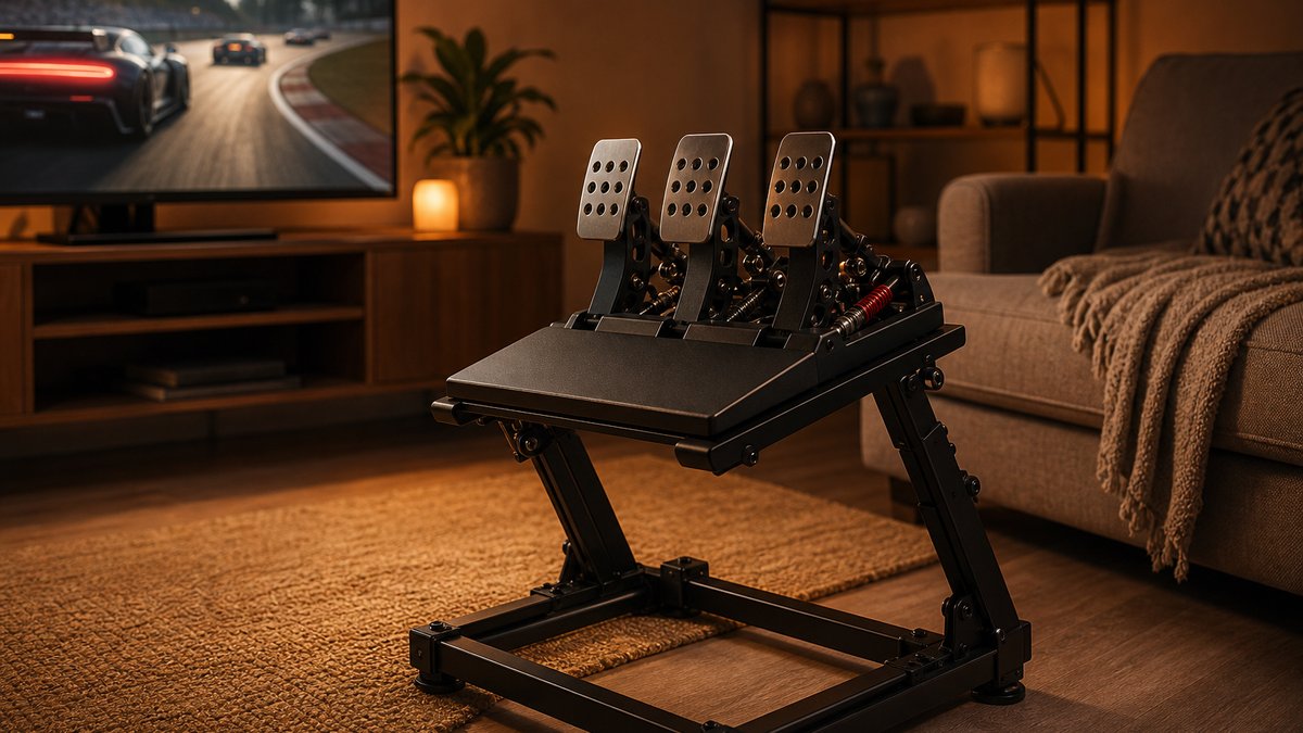 Best sim racing pedals under $200 mounted to a rig beside a TV in a lamp-lit living room