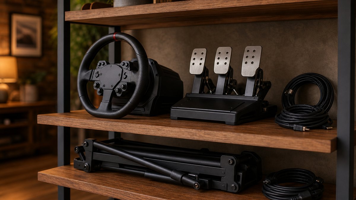 Complete budget sim racing setup under $600 with wheel, pedals, and folding stand on a shelf