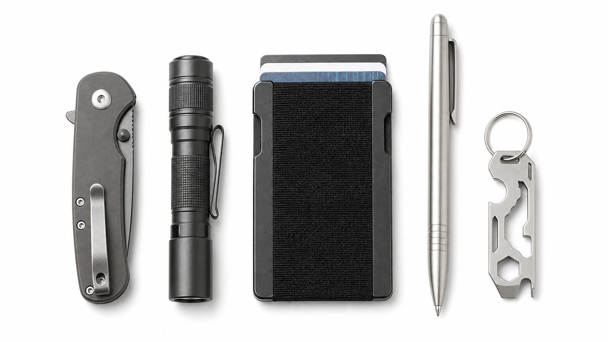 Complete EDC starter kit under $150 lined up in a row on a white background