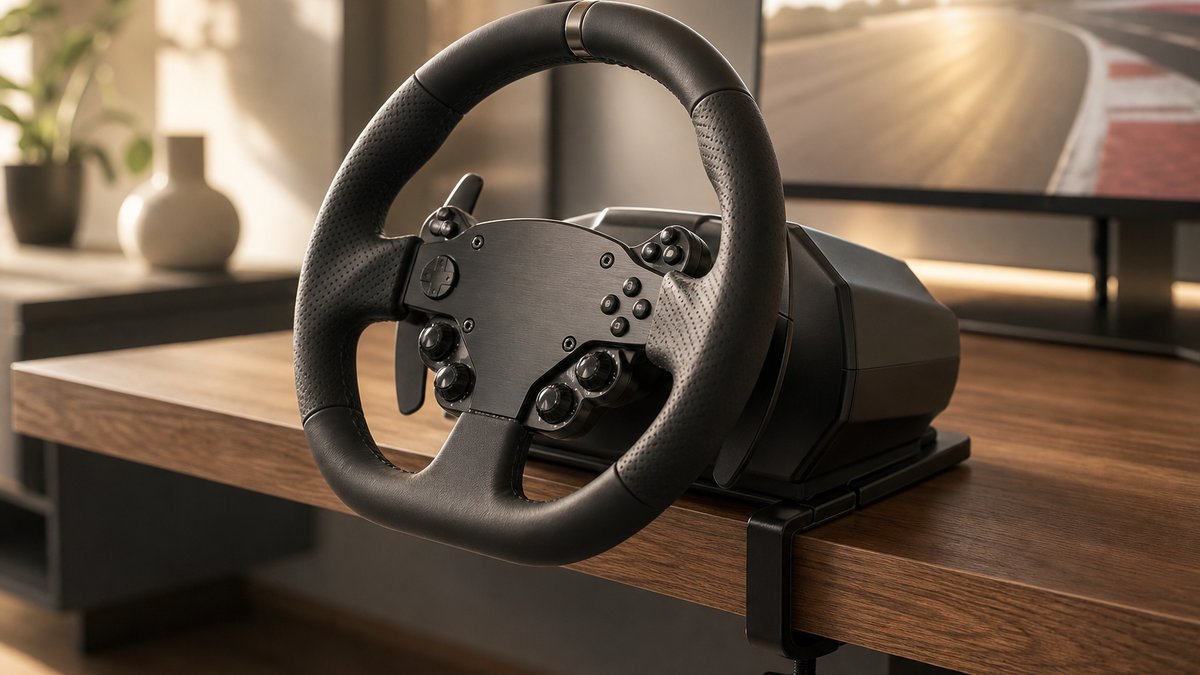Logitech G29 vs Moza R5 decision: a sim racing wheel on a wood desk in soft daylight