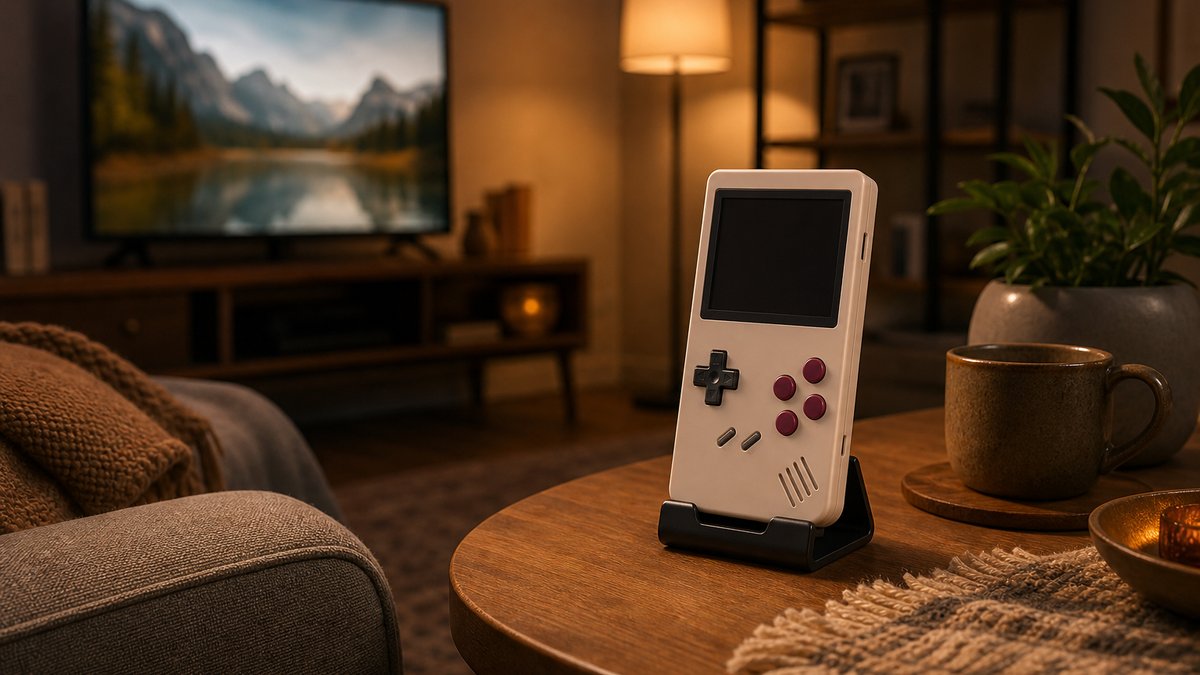 Miyoo Mini Plus on a stand in a lamp-lit living room, ready for OnionOS setup