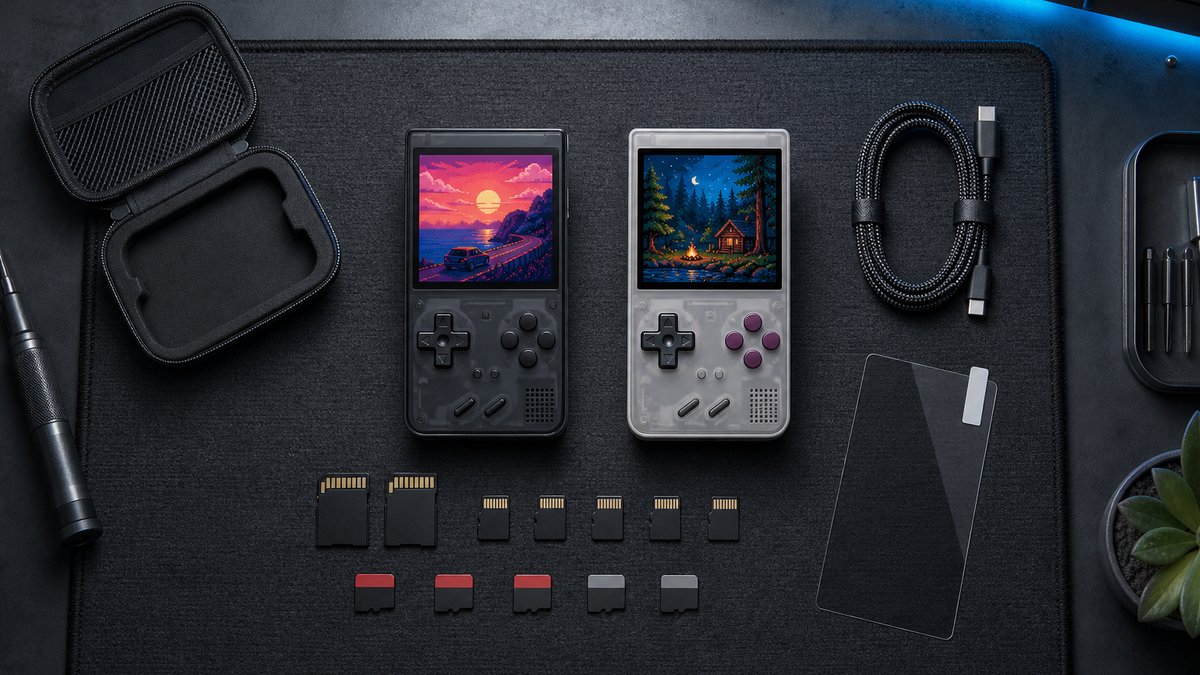 Miyoo Mini Plus vs TrimUI Brick comparison: two pocket handhelds spread on a workshop mat with accessories