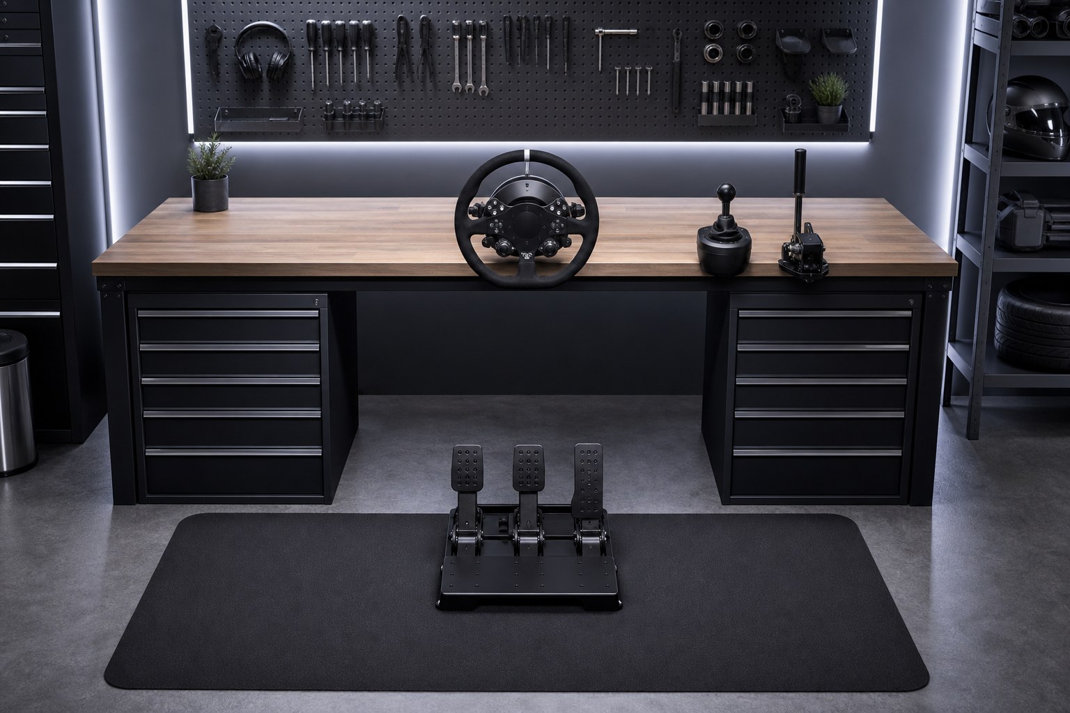 Direct-drive sim racing wheel base, wheel, and pedals set up on a workshop bench