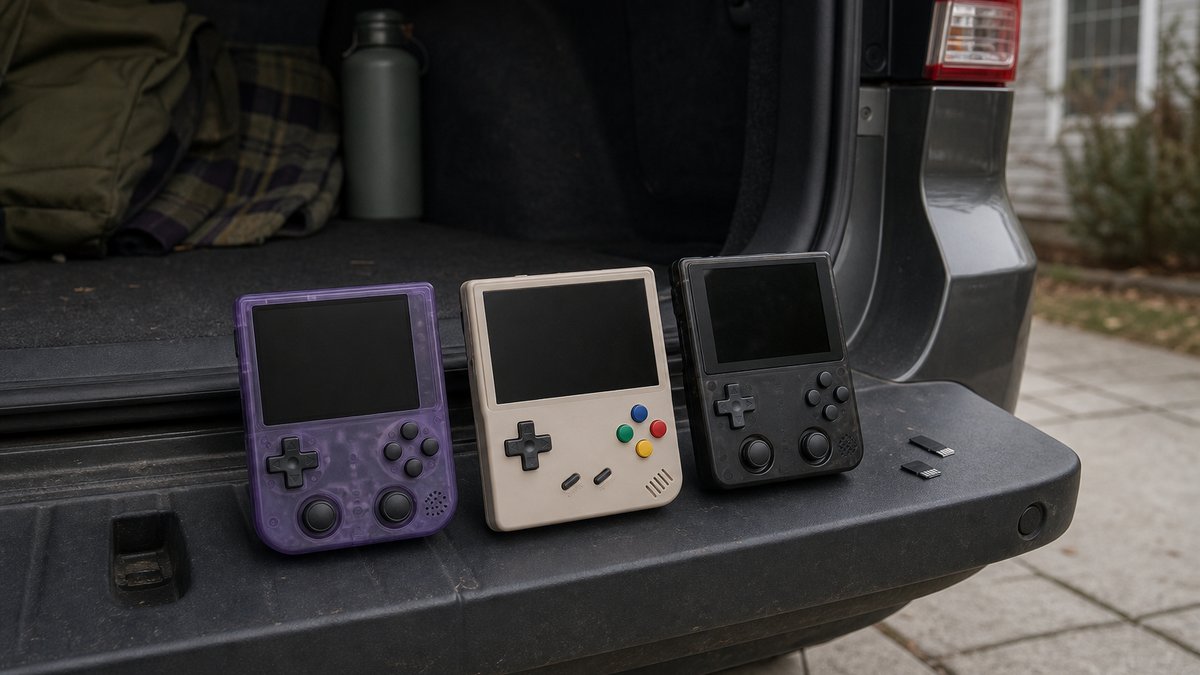 Retro handhelds lined up on a truck tailgate before a custom firmware install, overcast daylight