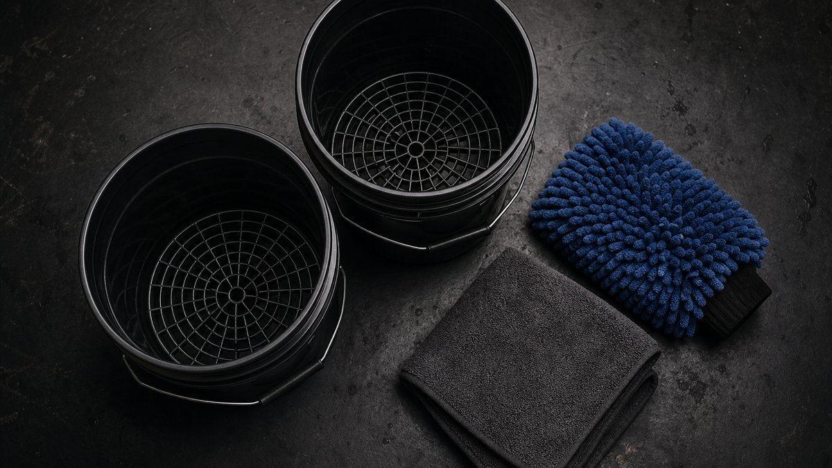 Two bucket car wash method setup with wash and rinse buckets, grit guards, and mitt on a dark workbench