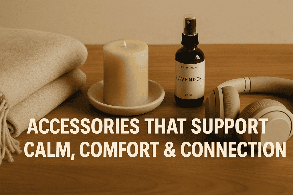 A folded blanket, a lit candle, a lavender spray bottle, and headphones on a wooden surface with the text "ACCESSORIES THAT SUPPORT CALM, COMFORT & CONNECTION," featuring soothing accessories for emotional comfort.