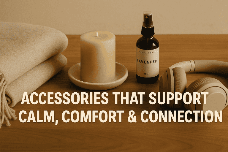 A folded blanket, a lit candle, a lavender spray bottle, and headphones on a wooden surface with the text "ACCESSORIES THAT SUPPORT CALM, COMFORT & CONNECTION," featuring soothing accessories for emotional comfort.