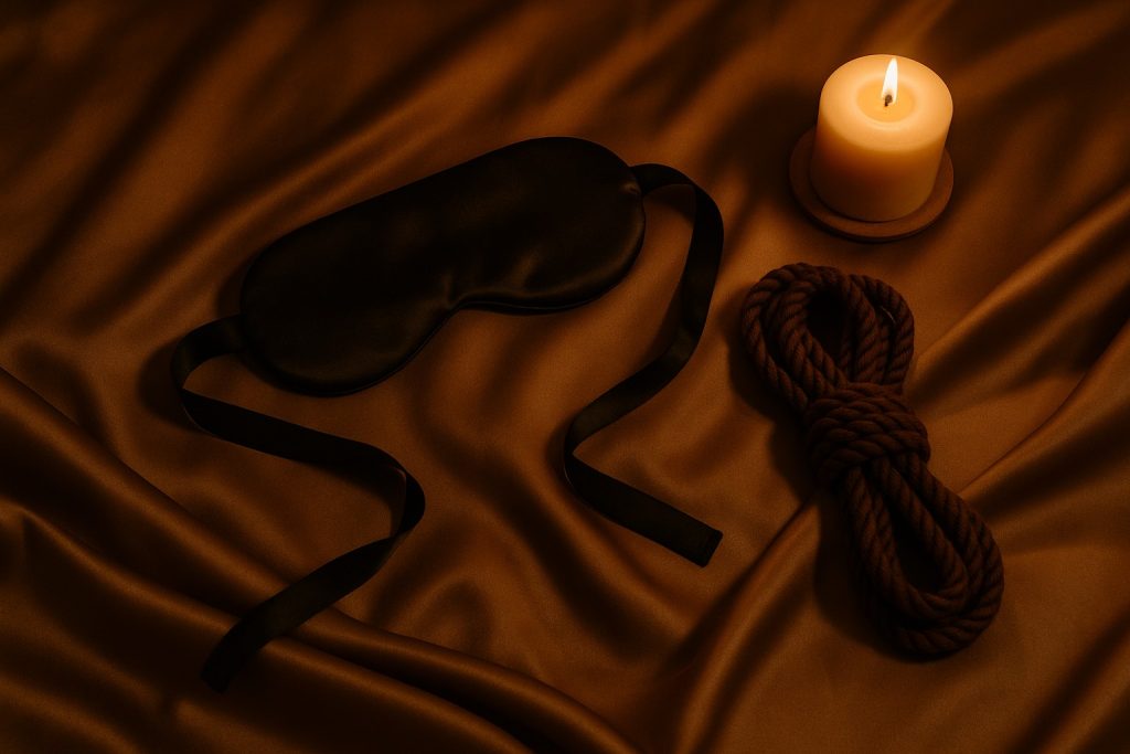 A black sleep mask, a coiled brown rope, and a lit candle rest on brown satin fabric in low light—creating the perfect setting for light role-play trust and intimate exploration.