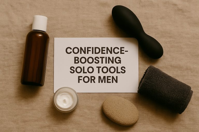 A bottle, black massager, cream, towel, sponge, and a card reading "Confidence-Boosting Solo Tools for Men" highlight men’s intimacy products arranged on a beige fabric surface.