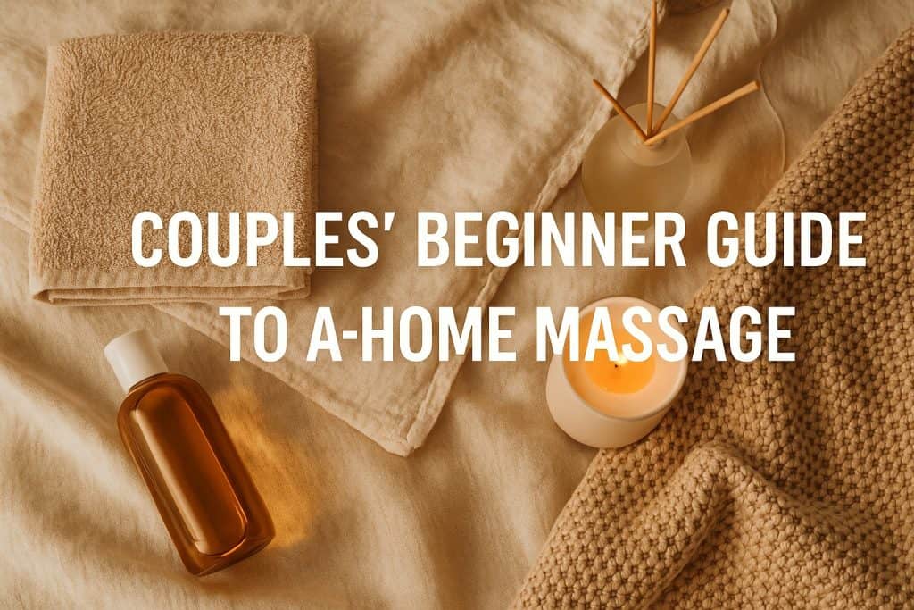 A brown towel, massage oil, candle, and diffuser displayed on a beige fabric surface with the text "Couples' Beginner Guide to At-Home Massage" overlaid—perfect for learning beginner massage techniques.
