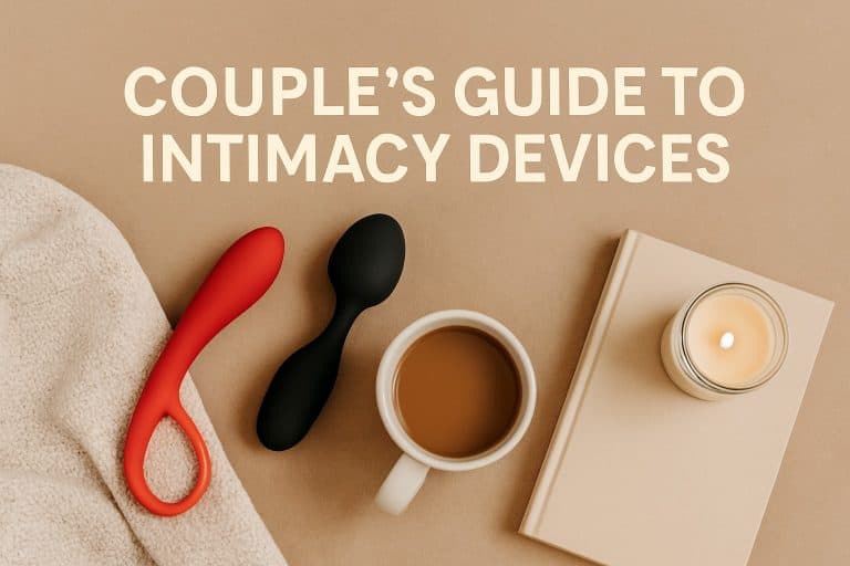 A red and a black shared intimacy tool, a beige towel, coffee mug, closed book, and lit candle on a tan surface with text "Couple’s Guide to Non-Explicit Intimacy Education for Couples Communication.