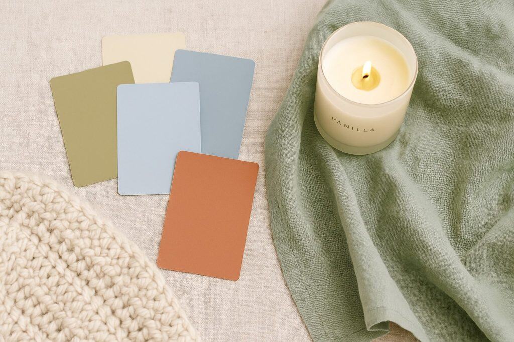 Five color swatches, a lit vanilla candle, a knitted beige fabric, and a green cloth are arranged on a neutral surface—perfect sensory relaxation tools for creating a calming bedroom atmosphere.