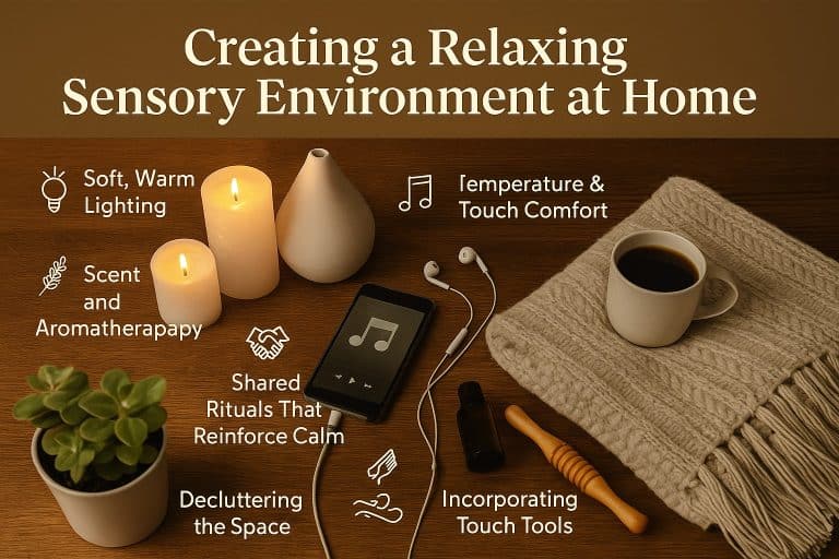 A cozy setup featuring candles, coffee, a plant, essential oils, a knit blanket, earbuds, and a phone—perfect for couples relaxation rituals and creating a soothing home environment with relaxing sensory tips.