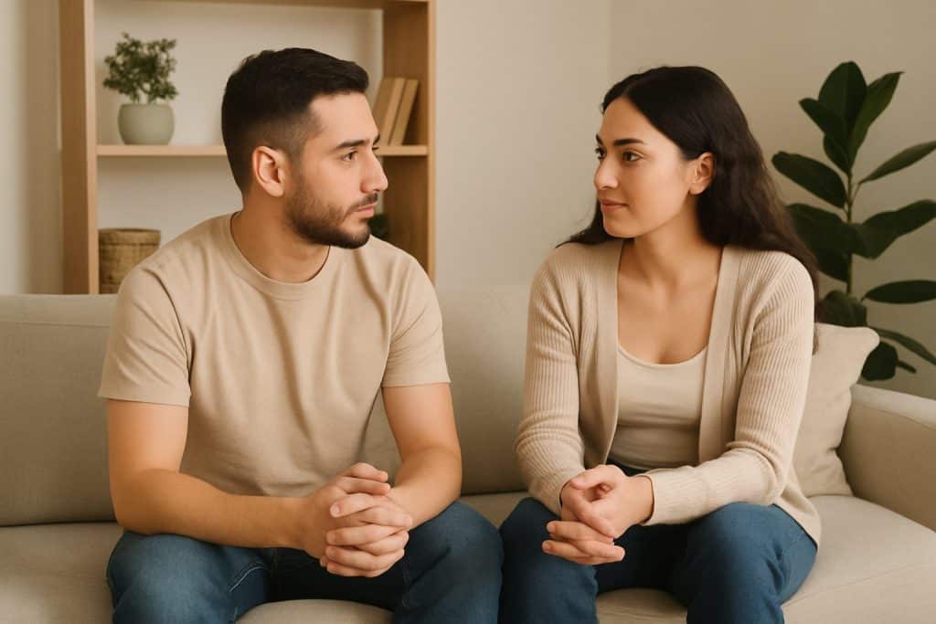A man and woman sit on a beige couch facing each other, hands clasped, appearing to have a serious conversation about communication for couples in a neutral-toned living room.