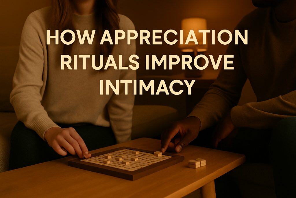 Two people sit at a table playing a word game. Text on image reads: "How appreciation rituals for couples improve intimacy.