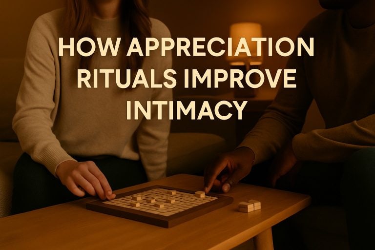 Two people sit at a table playing a word game. Text on image reads: "How appreciation rituals for couples improve intimacy.