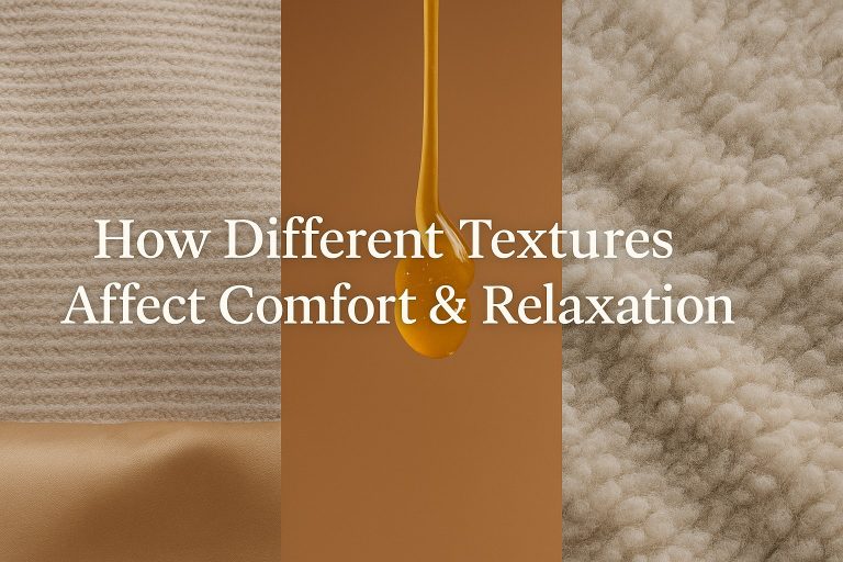 Three textures—smooth fabric, dripping liquid evoking lubricant textures, and soft wool—are shown side by side with the text: "How Different Textures Affect Comfort & Relaxation" overlaid.