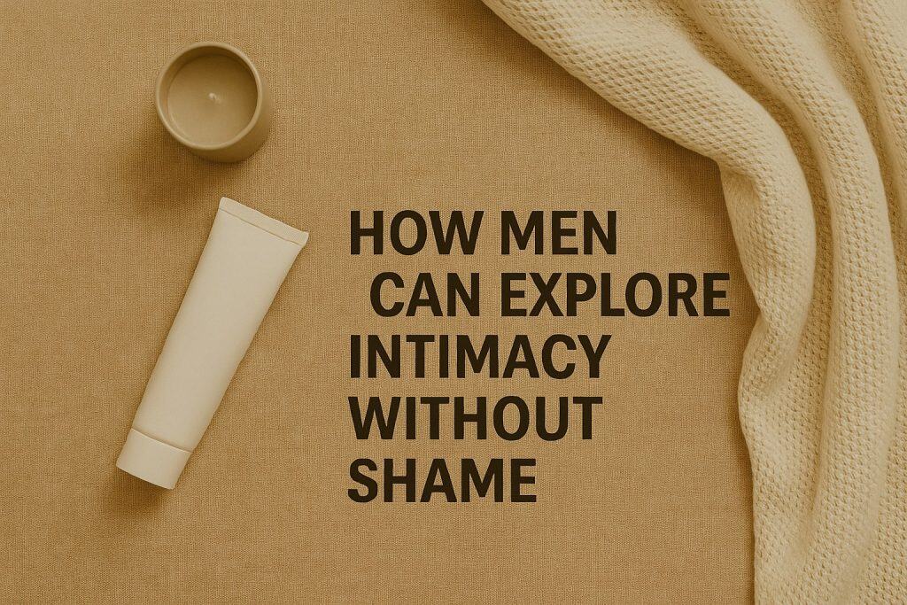 A tube, a candle, and textured fabric beside text reading "How men can explore intimacy without shame" on a beige background invite mindful exploration for men seeking healthy masculinity.