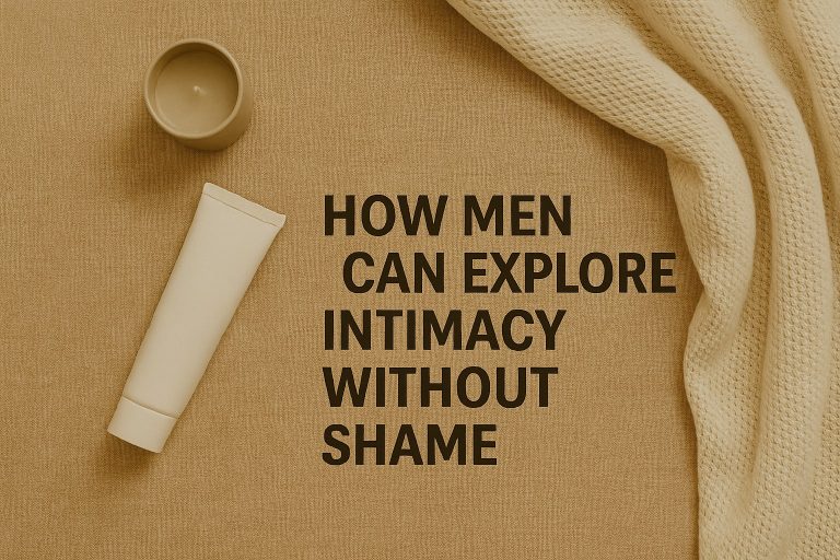 A tube, a candle, and textured fabric beside text reading "How men can explore intimacy without shame" on a beige background invite mindful exploration for men seeking healthy masculinity.