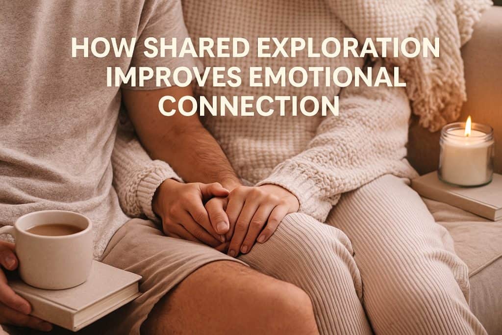 A couple sits close together on a couch, holding hands, with a candle and a cup of coffee nearby. Text reads: "How communication through exploration deepens emotional connection.