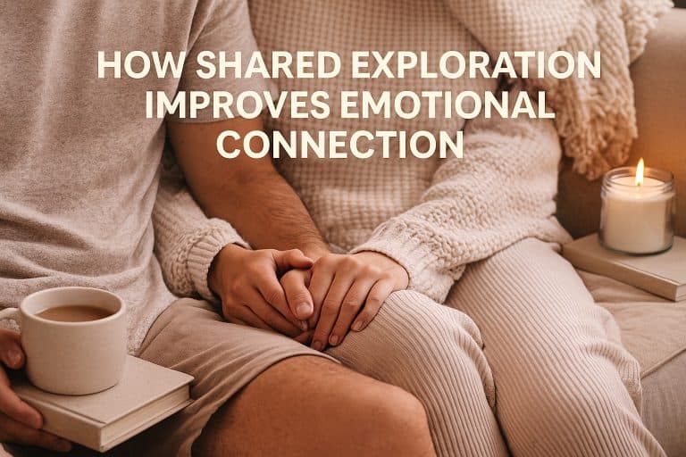 A couple sits close together on a couch, holding hands, with a candle and a cup of coffee nearby. Text reads: "How communication through exploration deepens emotional connection.