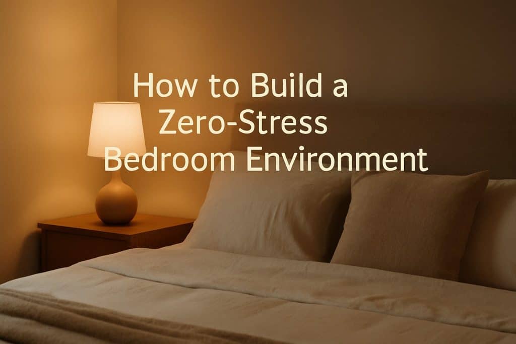 A neatly made bed with cream-colored bedding sits beside a nightstand with a lit lamp; text reads, "How to Build a Zero-Stress Bedroom Environment: stress-free bedroom tips for restful nights.