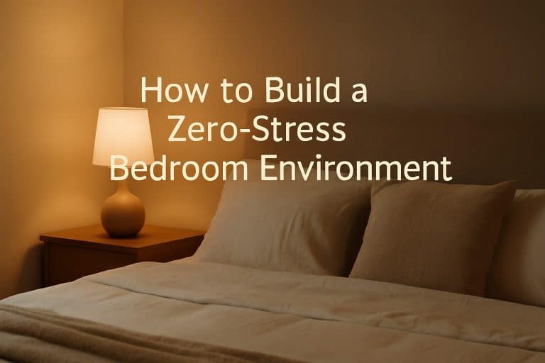 A neatly made bed with cream-colored bedding sits beside a nightstand with a lit lamp; text reads, "How to Build a Zero-Stress Bedroom Environment: stress-free bedroom tips for restful nights.