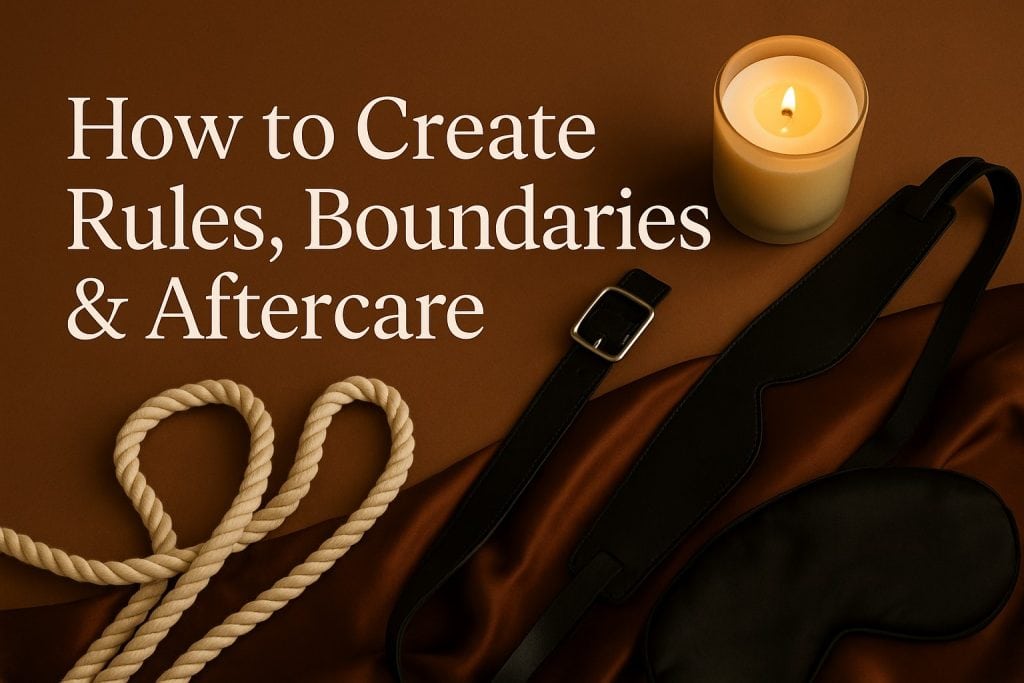 A candle, rope, belt, and blindfold on a brown surface, next to the text: "How to Create Safe Kink Boundaries & Aftercare.