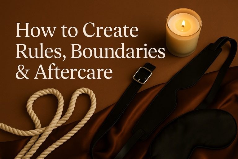 A candle, rope, belt, and blindfold on a brown surface, next to the text: "How to Create Safe Kink Boundaries & Aftercare.