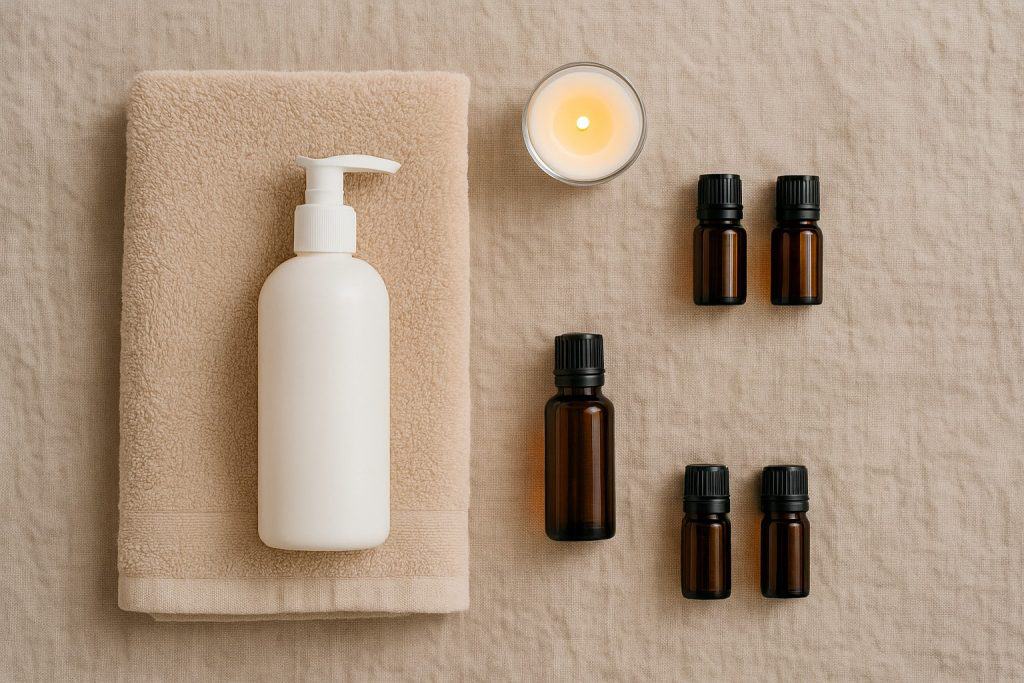 A white pump bottle on a folded towel, a lit candle, and five small brown glass bottles are arranged on a beige fabric surface—perfect essentials for couples massage and partner-focused massage sessions.