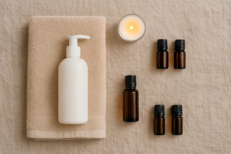 A white pump bottle on a folded towel, a lit candle, and five small brown glass bottles are arranged on a beige fabric surface—perfect essentials for couples massage and partner-focused massage sessions.