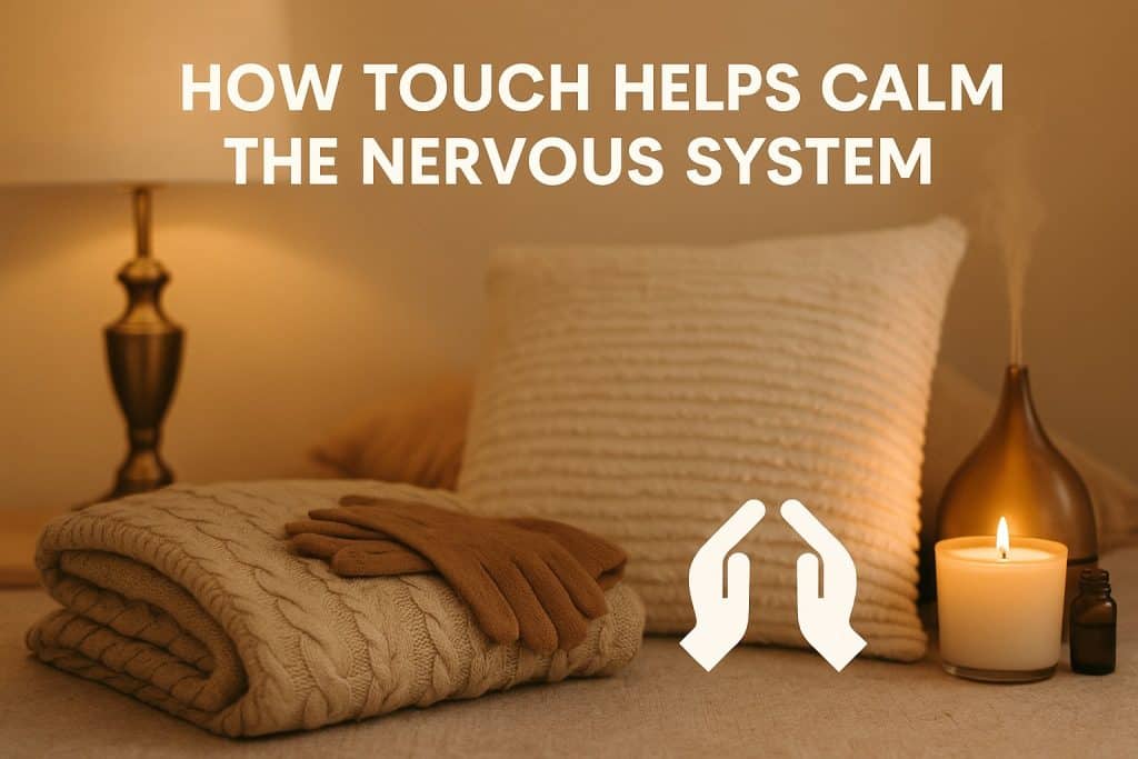 A cozy scene with a folded knit blanket, gloves, pillow, lit candle, and essential oil diffuser highlights how touch calms the nervous system and promotes relaxation through touch. The text reads: "How touch helps calm the nervous system.