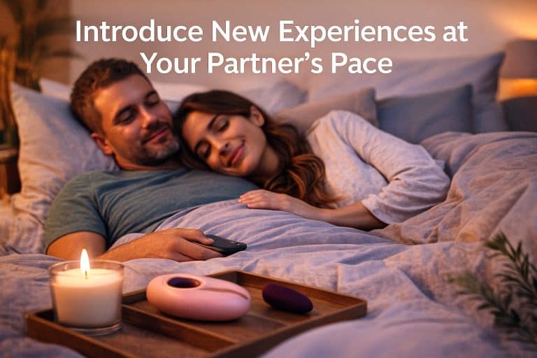 A couple relaxes in bed with a tray holding a candle and two adult toys, embodying healthy intimacy pacing, accompanied by the text “Introduce New Experiences at Your Partner’s Pace.”.
