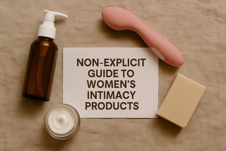 A card reading "Non-explicit guide to women's intimacy products" is surrounded by women’s self-exploration tools—a pump bottle, vibrator, cream jar, and soap bar—beautifully arranged on beige fabric.