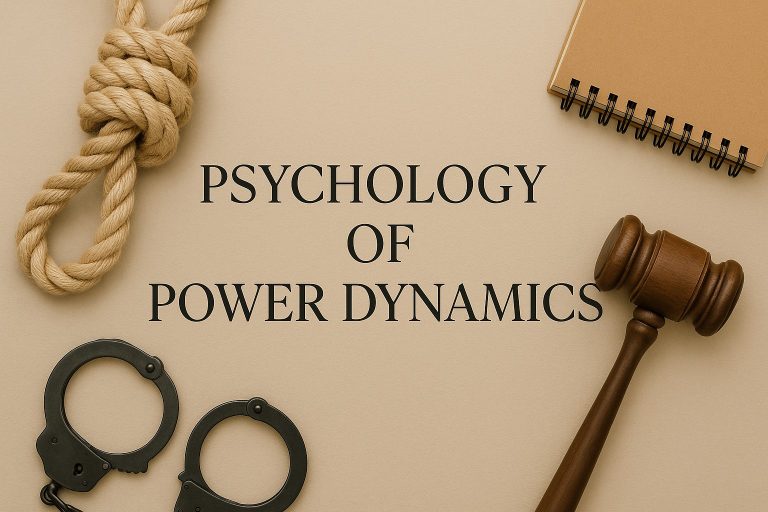 A noose, handcuffs, gavel, and notebook surround the text "Psychology of Power Dynamics" on a beige background—perfect for exploring beginner BDSM psychology and emotional kink safety.