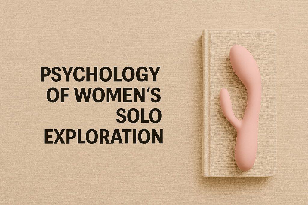 A pink vibrator rests on a closed beige book next to the text "Psychology of Women's Solo Exploration," highlighting women’s self-awareness on a neutral background.