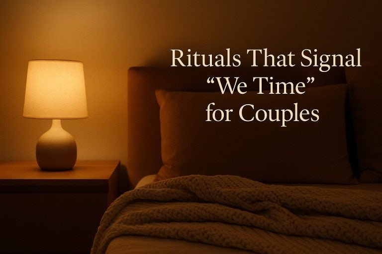 A softly lit bedside lamp next to a bed with pillows and a knitted blanket, with the text "Rituals That Signal 'We Time' for Couples" overlaid, suggesting calming evening habits and intimacy routines.