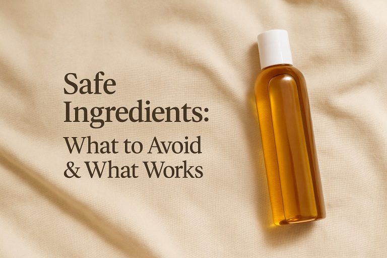 A bottle of amber-colored liquid with a white cap lies on beige fabric next to text that reads, "Safe Ingredients: What to Avoid & What Works," highlighting gentle lubricant formulas.